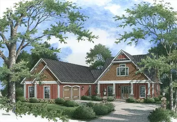 image of single story farmhouse plan 2079